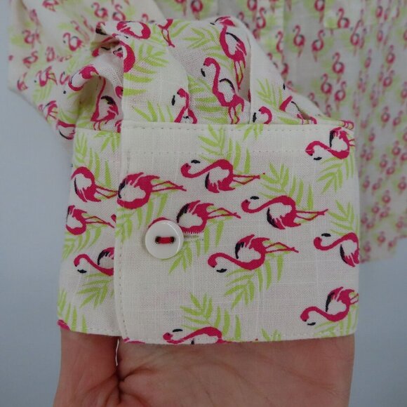 Foxcroft Women 6 Pink Flamingo Green Palm Leaf Collared Button Shirt Top Blouse - Picture 5 of 12
